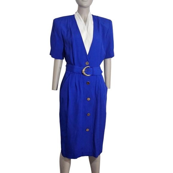 Jhon Roberts Dresses & Skirts - John Roberts Midi Length Button Front Dress Womens 5 / 6 Red Blue Vintage 90's